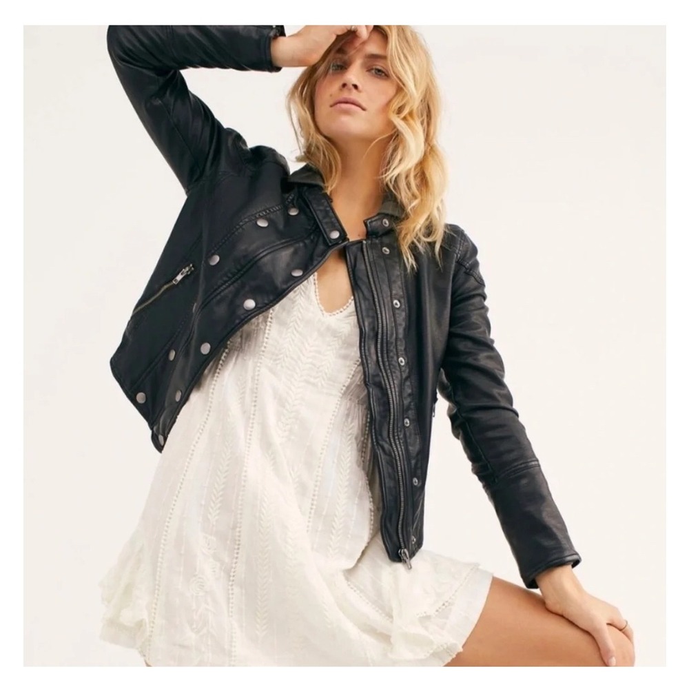 Free People We The Free Dawn Moto Jacket Women Small Black Vegan Leather Biker